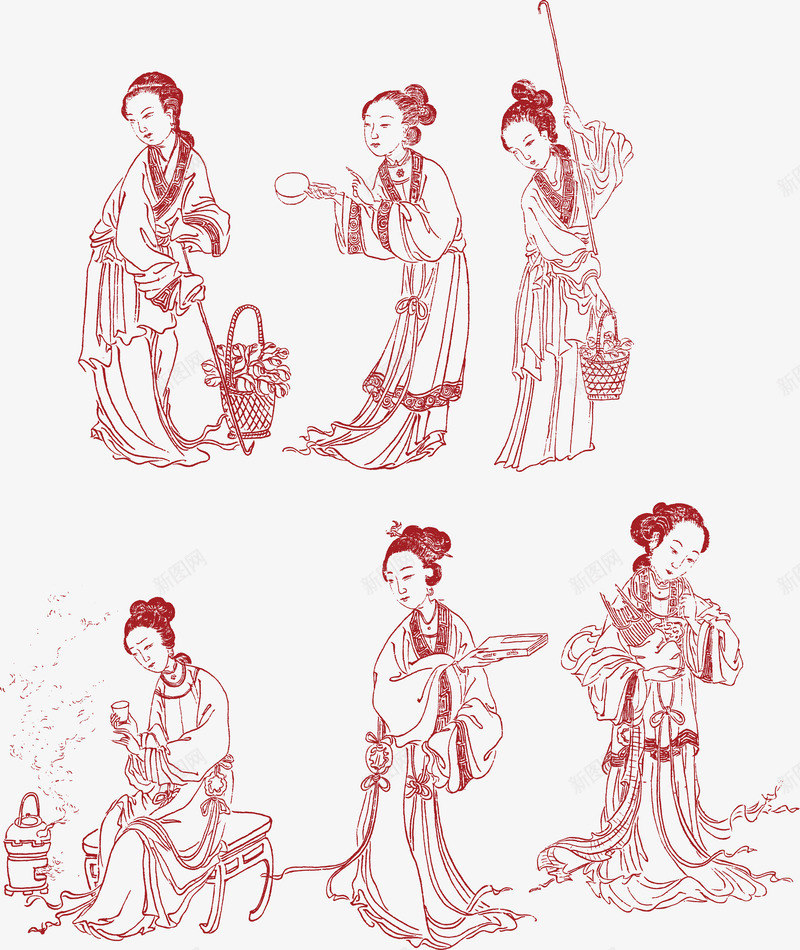 红色线描仕女图矢量图eps免抠素材_新图网 https://ixintu.com 仕女图 古代仕女图 图书插图 矢量图 红色 红色矢量 线描 装饰 装饰矢量