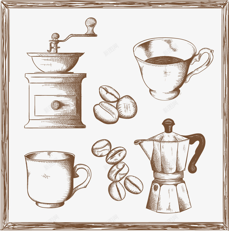 手绘咖啡相关素描矢量图ai免抠素材_新图网 https://ixintu.com 咖啡壶 咖啡杯 咖啡豆 手磨咖啡机 手绘 矢量图
