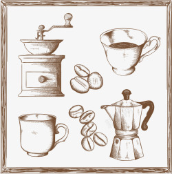 浅棕色手动手磨咖啡机手绘咖啡相关素描矢量图高清图片