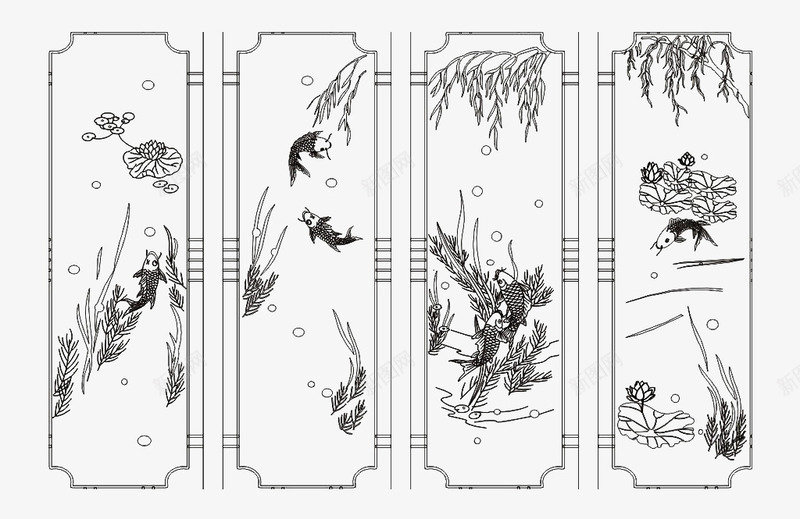 手绘中国风屏风矢量图ai免抠素材_新图网 https://ixintu.com 中国风 屏风矢量 水槽 鲤鱼 矢量图
