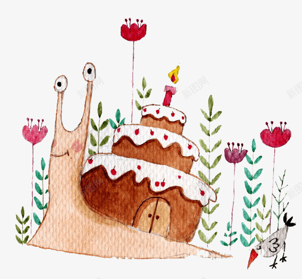 蜗牛png免抠素材_新图网 https://ixintu.com 卡通 水彩 花卉 蛋糕 蜗牛的房子