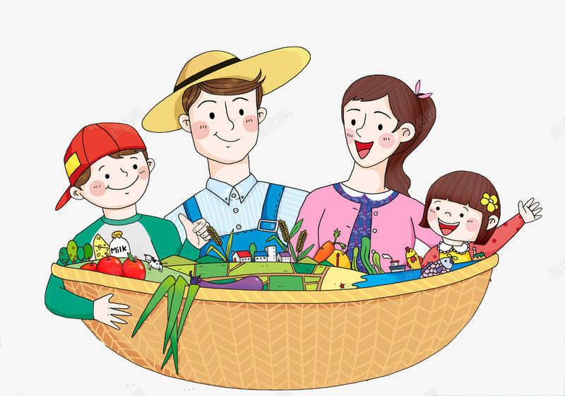 框里的一家人png免抠素材_新图网 https://ixintu.com 一家人 农民 卡通 可爱的 小孩 手绘 插图 竹筐