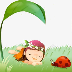 草地上的小女孩卡通躺在草地上高清图片