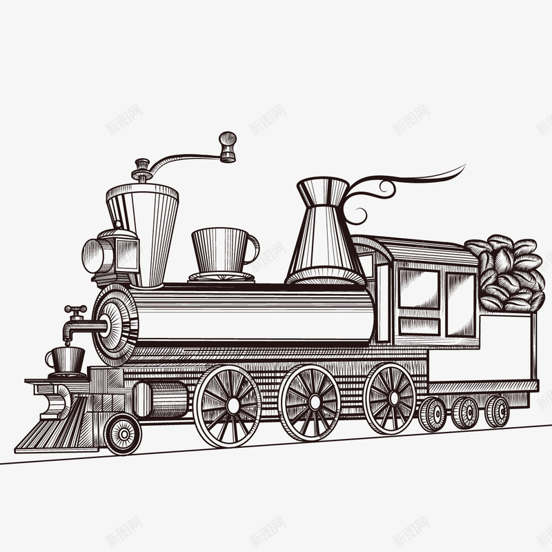 火车素描png免抠素材_新图网 https://ixintu.com PNG图形 PNG装饰 列车 咖啡豆 手绘 火车 装饰 车子 黑白