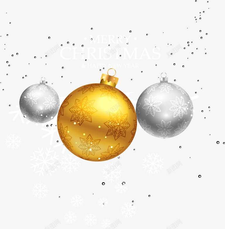 三个圣诞球矢量图ai免抠素材_新图网 https://ixintu.com 免抠png素材 免费png素材 圣诞球 圣诞节 白色 金色 银色 雪花背景 矢量图
