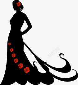 拖地的美女红色玫瑰礼服美女背影高清图片