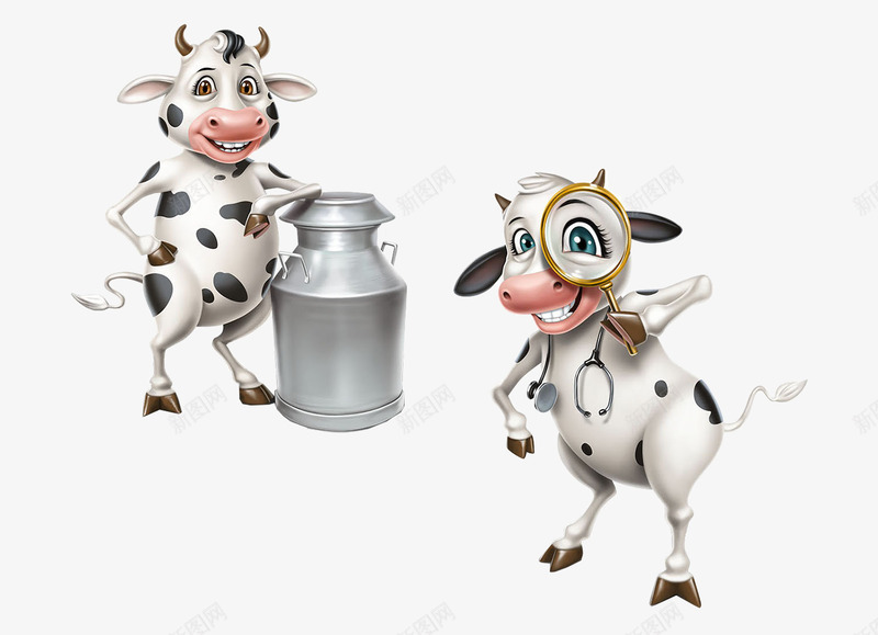 奶牛创意卡通图png免抠素材_新图网 https://ixintu.com 创意图案 创意奶牛素材 奶牛插图 开心吃草的奶牛 拿放大镜的奶牛