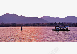 三潭映月夕阳下的西湖美景高清图片