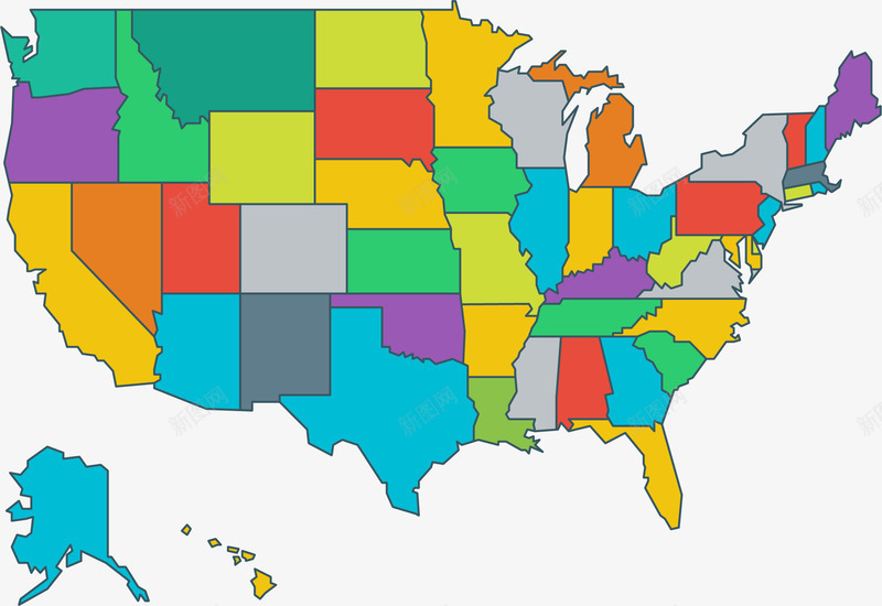 彩色行政区美国地区png免抠素材_新图网 https://ixintu.com 划分行政区 彩色地图 矢量素材 美国 美国地图