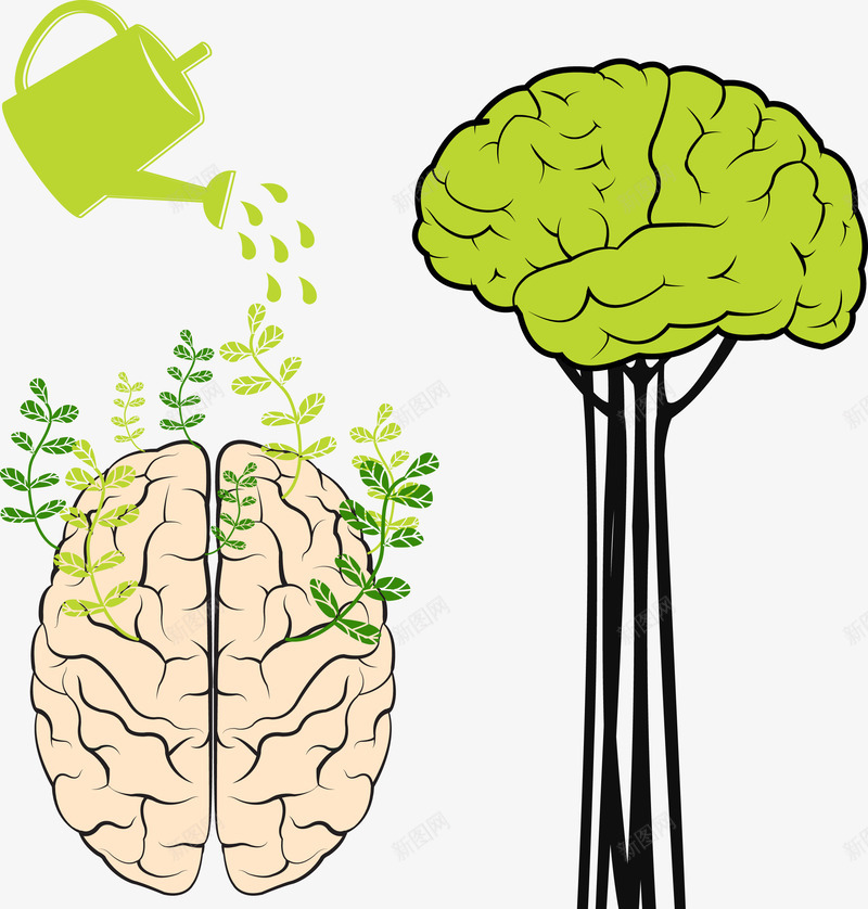 抽象大脑png免抠素材_新图网 https://ixintu.com 大树 大脑 抽象 树叶 植物 水壶 浇水 纹路 绿色