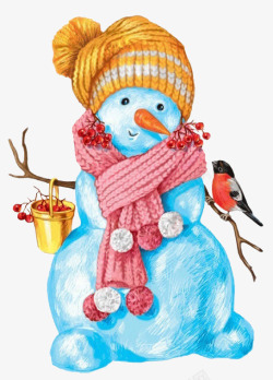 融化的雪人手绘蓝色雪人小鸟高清图片