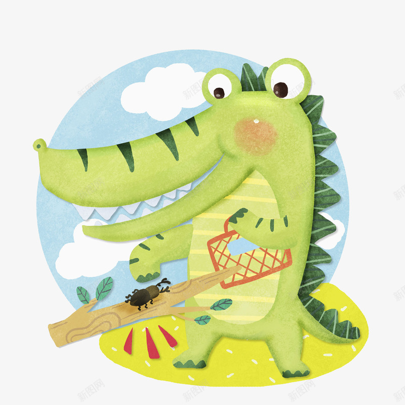 一个手提红色包的绿色鳄鱼png免抠素材_新图网 https://ixintu.com 包包 卡通 开心 手绘 树枝 绿色 虫子 鳄鱼