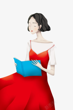 红色背带三八妇女节手绘人物插图女孩看书高清图片