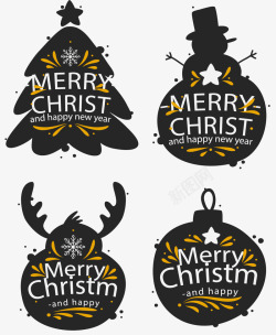 复古铃铛拉绳黑色风格圣诞节复古标签矢量图高清图片