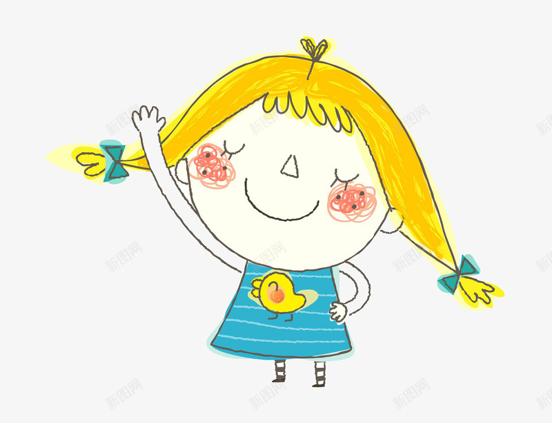 手绘可爱小女孩举手png免抠素材_新图网 https://ixintu.com 可爱脸颊 幸福 开心 蓝色裙子 长头发 高举手臂 黄色头发 黄色小鸭