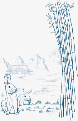 手绘的竹林兔子矢量图素材