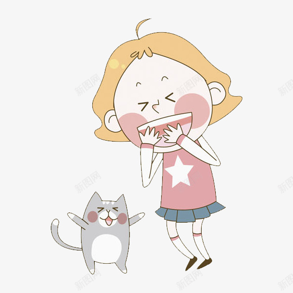 大笑的女生和小猫png免抠素材_新图网 https://ixintu.com 可爱的 大笑的 女生 开心的 手绘 捂住嘴的