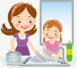 卡通母女洗碗插图素材