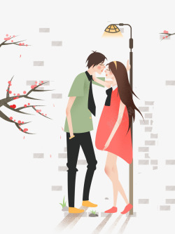 灯下的卡通手绘轻吻的情侣高清图片