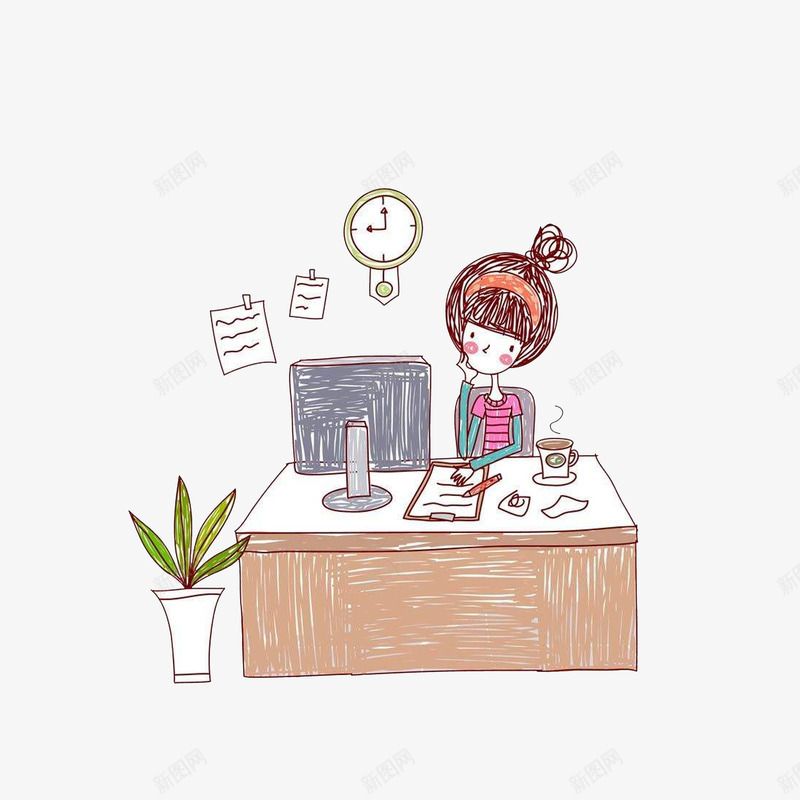卡通看电脑做笔记的女孩png免抠素材_新图网 https://ixintu.com 咖啡 手撑脑袋 插画 文件夹 时钟 电脑前的人 盆栽 贴墙上的纸