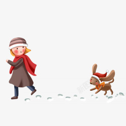 手绘脚印冬天带狗散步的女孩高清图片