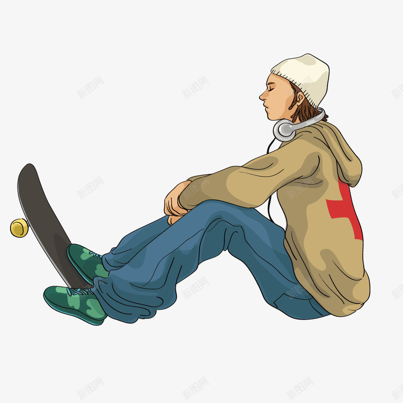 坐地上的时尚滑板少年png免抠素材_新图网 https://ixintu.com 服装 服饰 运动