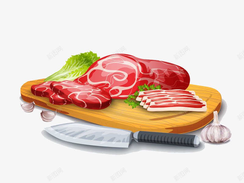 菜板上的肉片png免抠素材_新图网 https://ixintu.com 刀 大蒜 木板