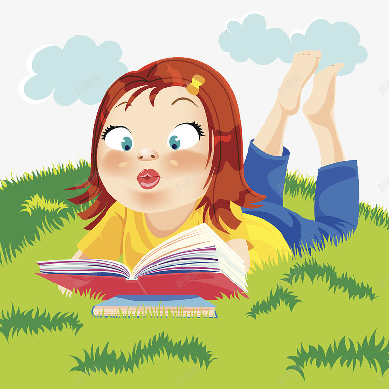 趴在草地上看书的小女孩png免抠素材_新图网 https://ixintu.com 卡通 可爱人物插图 小女孩 看书 草地 草地上的人 趴着