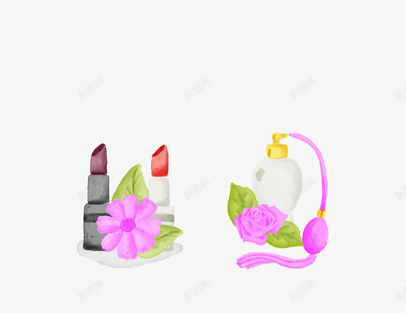 化妆品png免抠素材_新图网 https://ixintu.com 一瓶香水 两支口红 粉色花