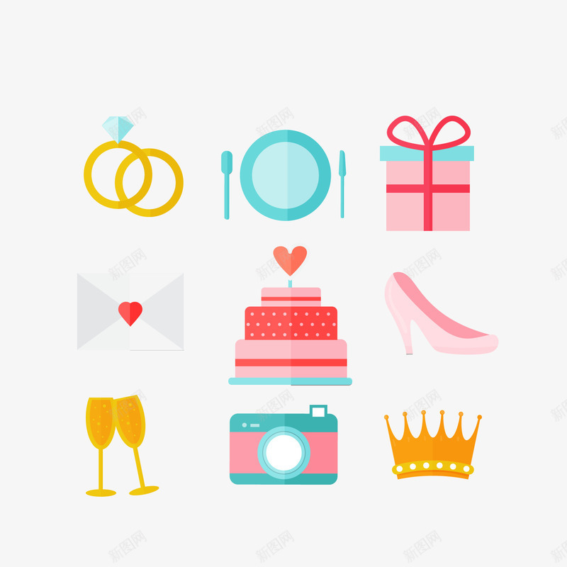 精致婚礼图标png_新图网 https://ixintu.com 婚礼蛋糕 婚礼装饰 相机 粉色 钻戒 高跟鞋