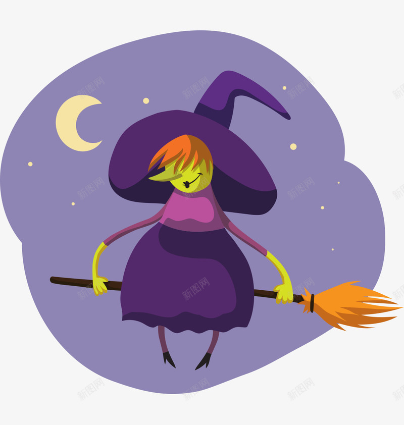卡通手绘夜晚月亮女巫坐扫帚png免抠素材_新图网 https://ixintu.com 卡通的人物 坐扫帚的女巫 夜晚的月亮 平面女巫 手绘的女巫