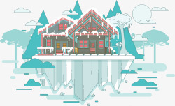 别墅木屋卡通被冰雪覆盖的天空之城高清图片
