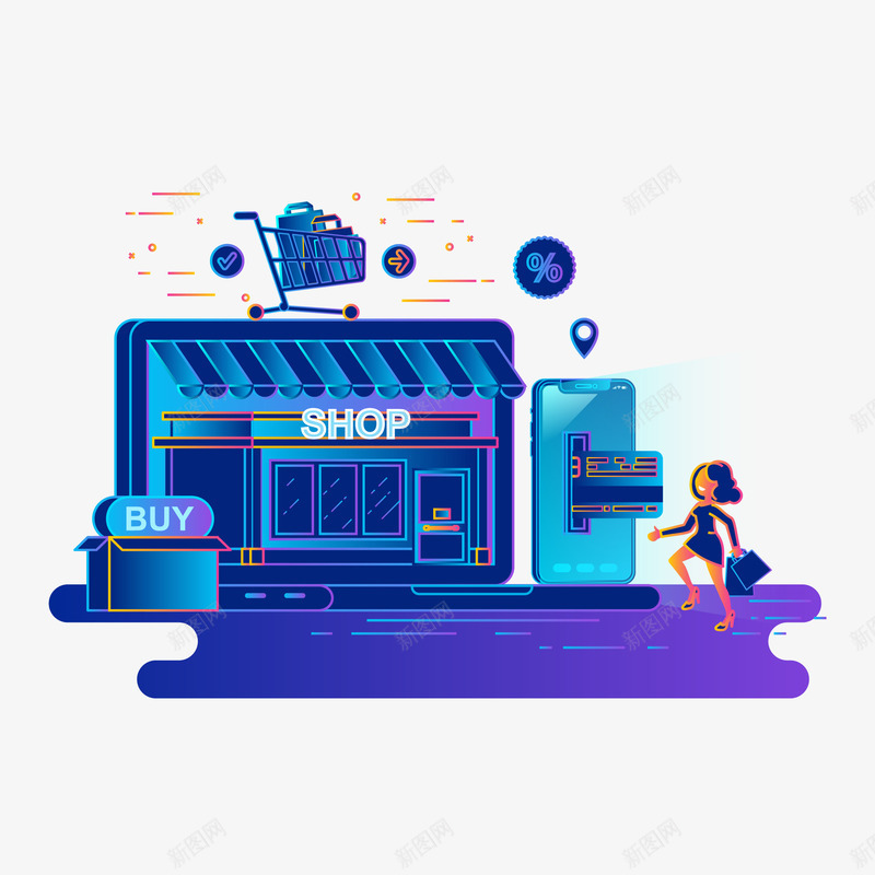 创意炫酷商店购物SHOP场景矢量图eps免抠素材_新图网 https://ixintu.com SHOP 买东西 免抠图PNG 创意 商店 炫酷 购物 银行卡 矢量图