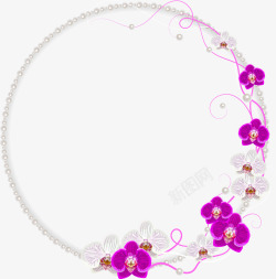 珍珠蚌壳装饰手绘紫色兰花边框高清图片
