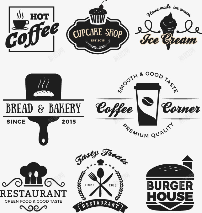 8个饮食标签png免抠素材_新图网 https://ixintu.com 咖啡店 复古标签 烤面包标签 矢量免费图片 饭店标签