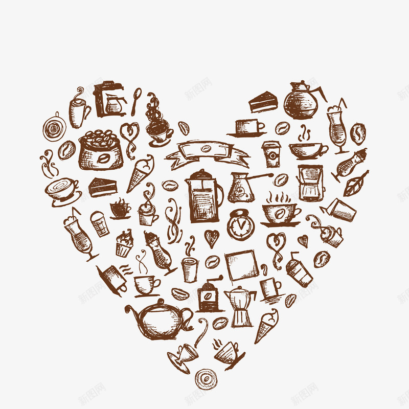 厨具爱心图标png_新图网 https://ixintu.com 创意 可爱的 咖啡 图标 奶酪 水壶 爱心 素描
