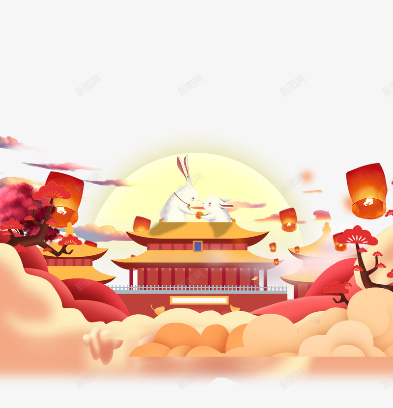 中秋手绘中国风海报装饰背景元素psd_新图网 https://ixintu.com 中国风 中秋佳节 创意设计 手绘 月宫 海报背景装饰 满月 灯笼 祥云