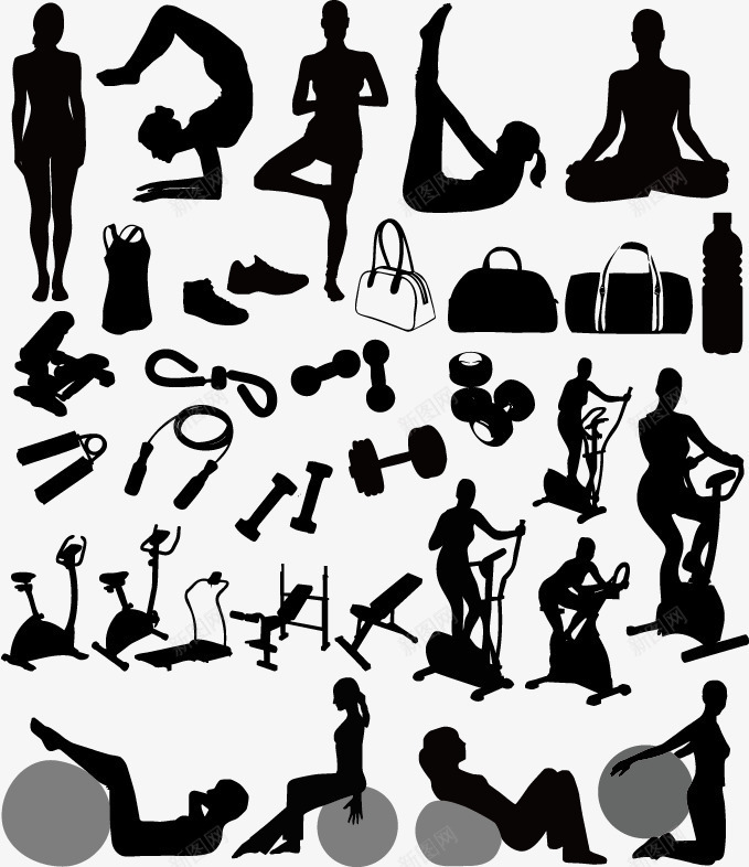 人物和健身器材图标png_新图网 https://ixintu.com 人物剪影 健美 健身 健身器材 女性 瑜伽 男性 运动 锻炼