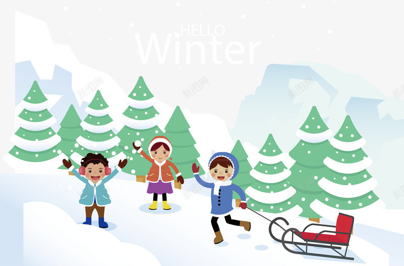 冬天雪山玩雪的孩子矢量图ai免抠素材_新图网 https://ixintu.com 冬天玩雪 拉雪橇 玩雪 玩雪的孩子 矢量png 雪山 矢量图