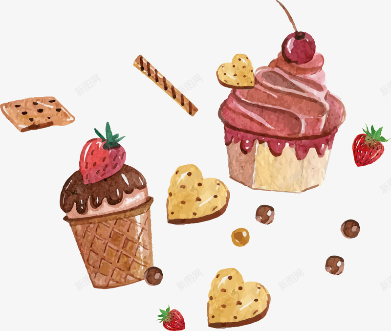 手绘甜品蛋糕和饼干png免抠素材_新图网 https://ixintu.com 奶油蛋糕 手绘 纸杯蛋糕 草莓 饼干