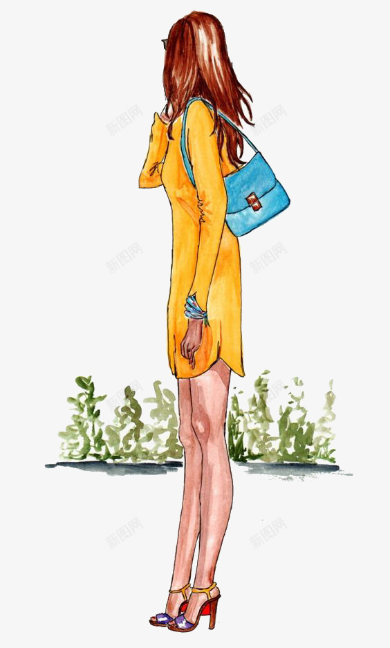 时尚美女背影png免抠素材_新图网 https://ixintu.com 卡通 套装 女性背影 手绘 插画 时尚 裙子 黄色