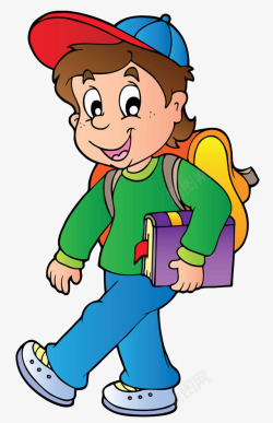 开心返校卡通手绘新学期背着书包的小男孩高清图片