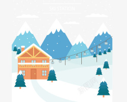 冬日度假下雪的冬天滑雪中心矢量图高清图片
