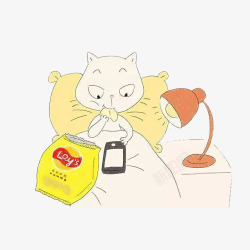 台灯手绘手绘猫咪吃薯片玩手机高清图片