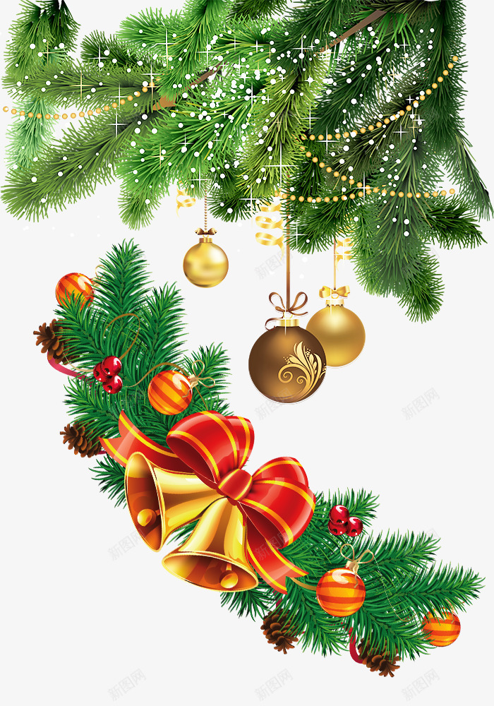 金色铃铛和绿色圣诞树psd免抠素材_新图网 https://ixintu.com 圆铃铛 圣诞树 圣诞节素材 绿色 金色礼物球 金色铃铛