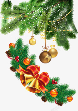 挂马礼物球的圣诞树金色铃铛和绿色圣诞树高清图片