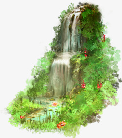 瀑布森林手绘浪漫高山流水高清图片