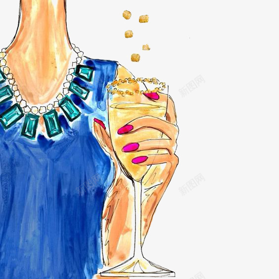 喝酒的女人png免抠素材_新图网 https://ixintu.com 优雅 卡通 女人 手绘 插画 涂鸦 香槟 高脚杯