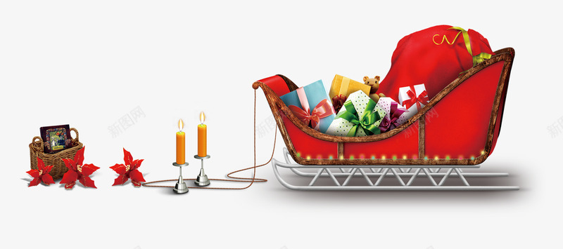 圣诞雪橇车psd免抠素材_新图网 https://ixintu.com 圣诞节 圣诞节送礼物 烛台 花朵 蜡烛 雪橇车