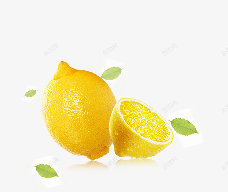 黄色柠檬绿叶装饰psd免抠素材_新图网 https://ixintu.com 切开的柠檬 新鲜水果 柠檬 绿叶装饰 黄色
